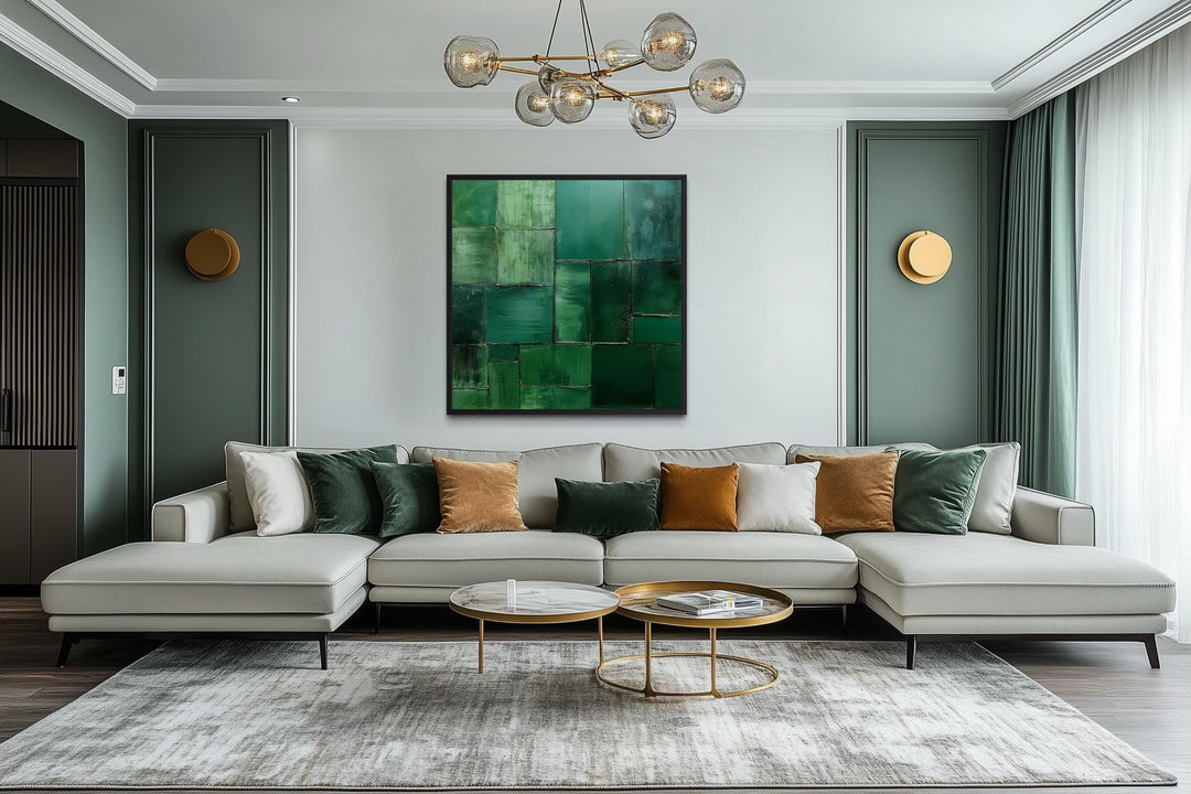 Emerald green modern geometric painting on a square canvas print displayed in a contemporary room.