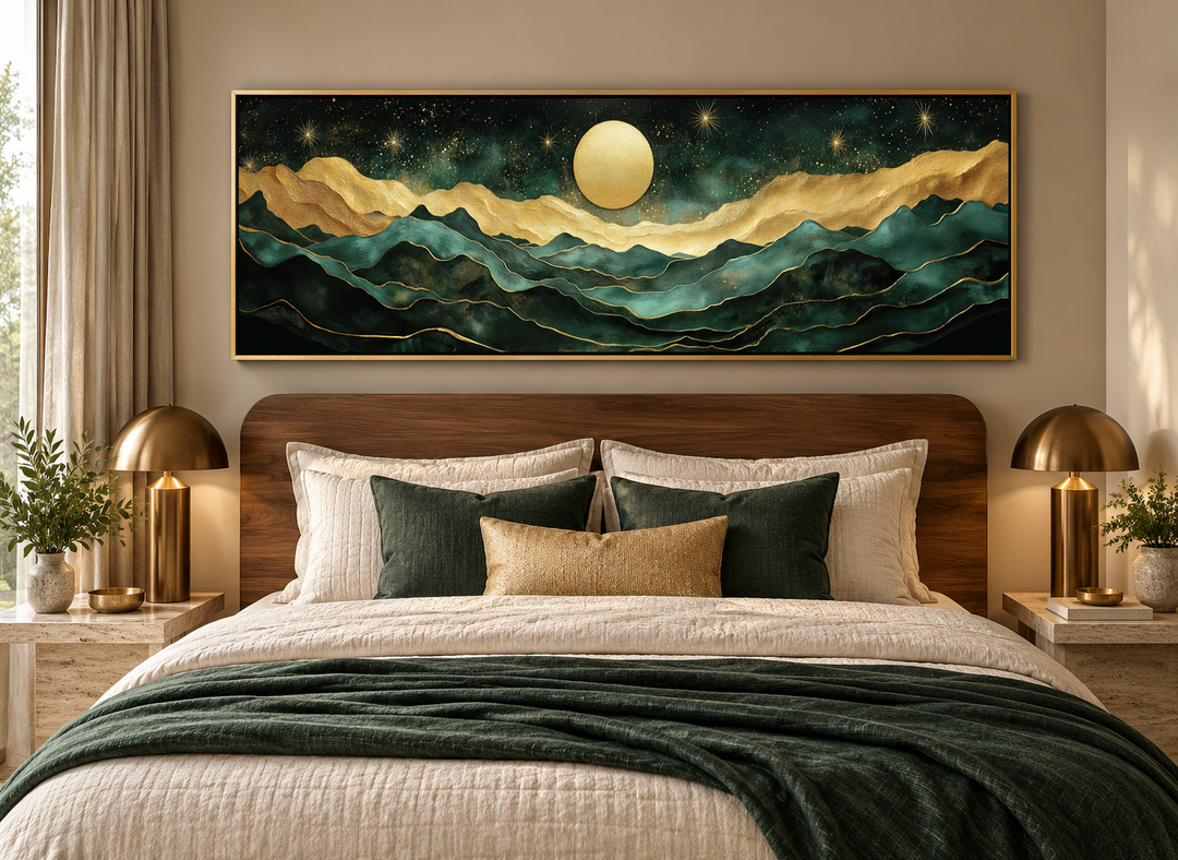 Emerald green and gold panoramic mountain wall art with a moon above a bed in a modern bedroom.