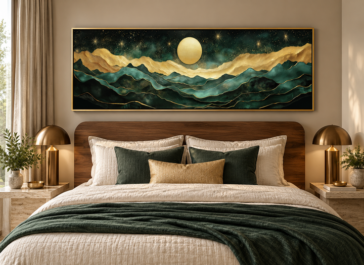 Emerald green and gold panoramic mountain wall art with a moon above a bed in a modern bedroom.