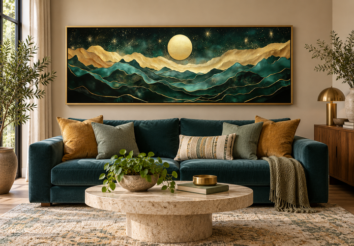 Emerald green and gold panoramic mountain landscape wall art with a glowing moon above a sofa.