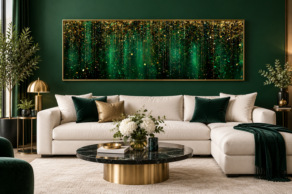 Emerald green and gold abstract rain pattern long horizontal canvas wall art above a white couch.