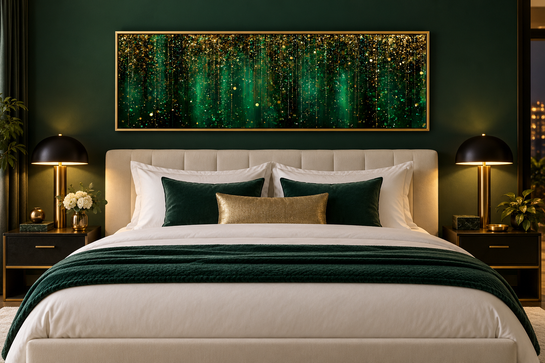 Emerald green and gold abstract rain pattern long horizontal canvas wall art above a bed.