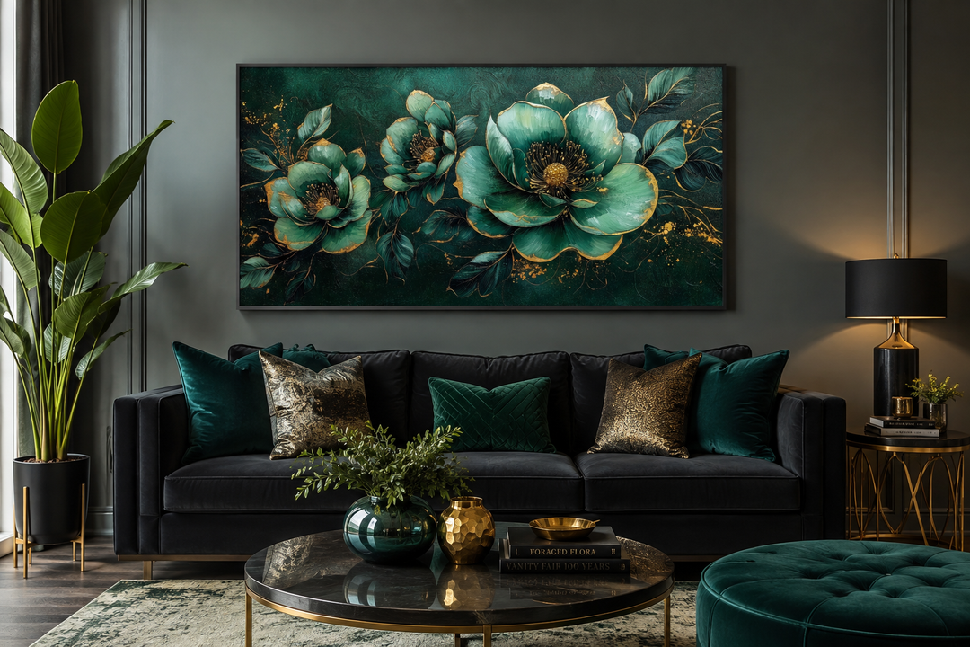 Emerald green and gold Art Nouveau floral canvas print hanging above a dark velvet sofa.