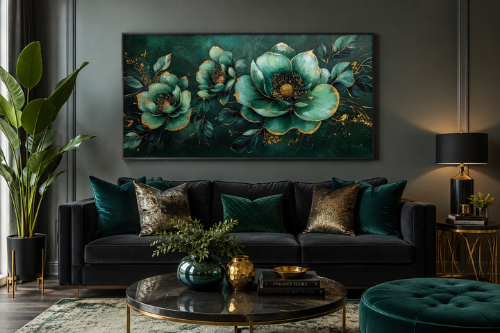 Emerald green and gold Art Nouveau floral canvas print hanging above a dark velvet sofa.