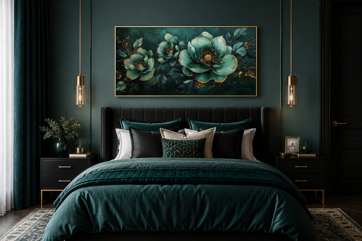 Emerald green and gold Art Nouveau floral canvas print hanging above a dark velvet bed.