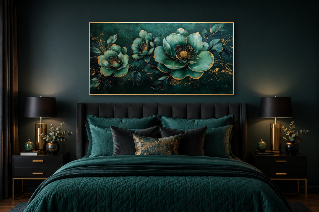 Emerald green and gold floral canvas print hanging above a bed in a dark, moody bedroom.