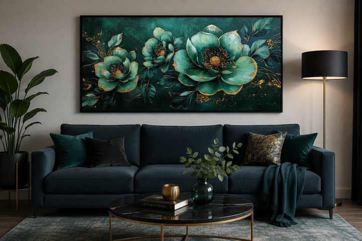 Emerald green and gold Art Nouveau floral canvas print above a dark blue sofa in a living room.