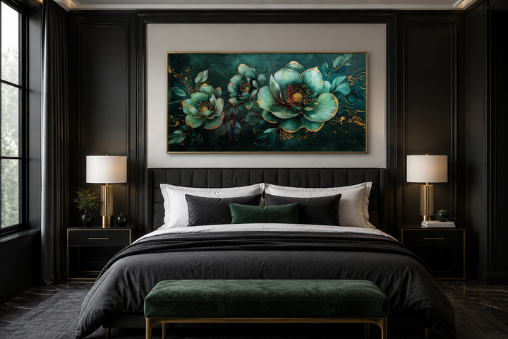 Emerald green and gold Art Nouveau floral canvas print hanging above a bed in a dark bedroom.