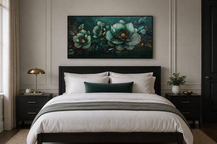 Emerald green and gold Art Nouveau floral canvas print hanging above a bed in a modern bedroom.