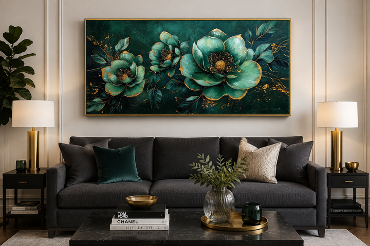Emerald green and gold floral Art Nouveau canvas print hanging above a dark grey sofa.
