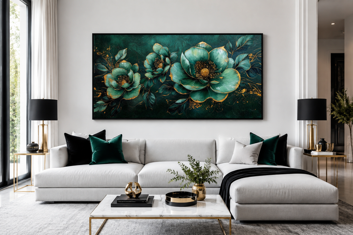 Emerald green and gold floral Art Nouveau canvas print hanging above a white sectional sofa.
