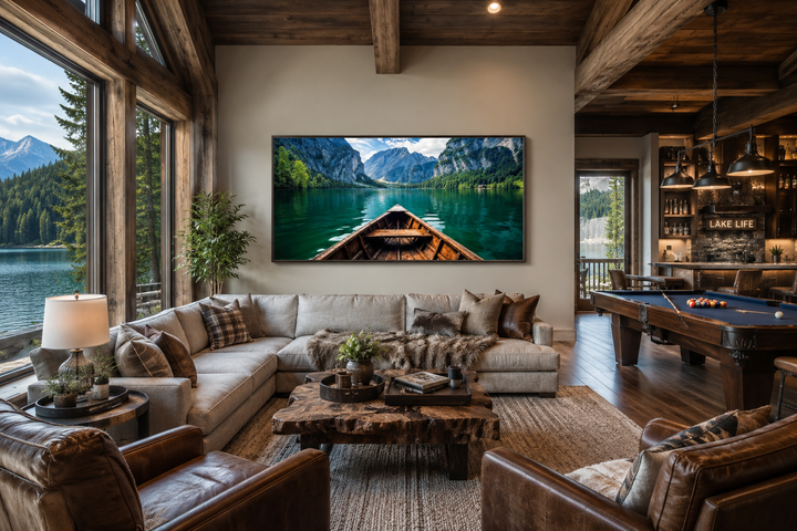 Close up of a wooden boat in an emerald green lake art piece displayed in a rustic living room.