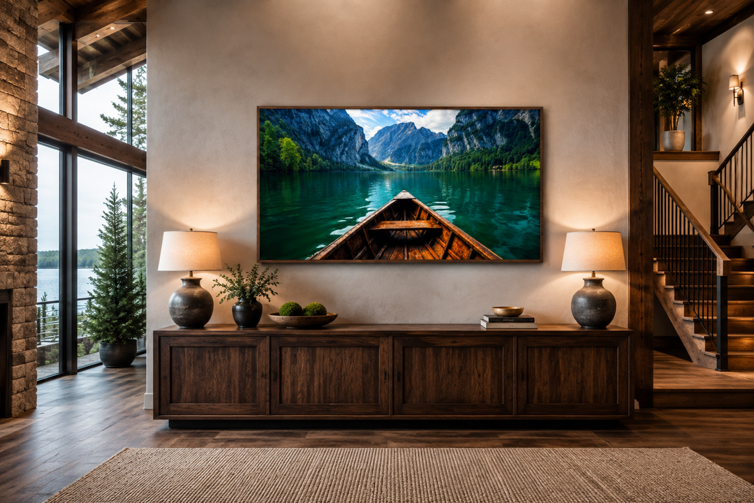 Framed canvas art of a wooden boat on an emerald green lake, hung above a wooden sideboard.