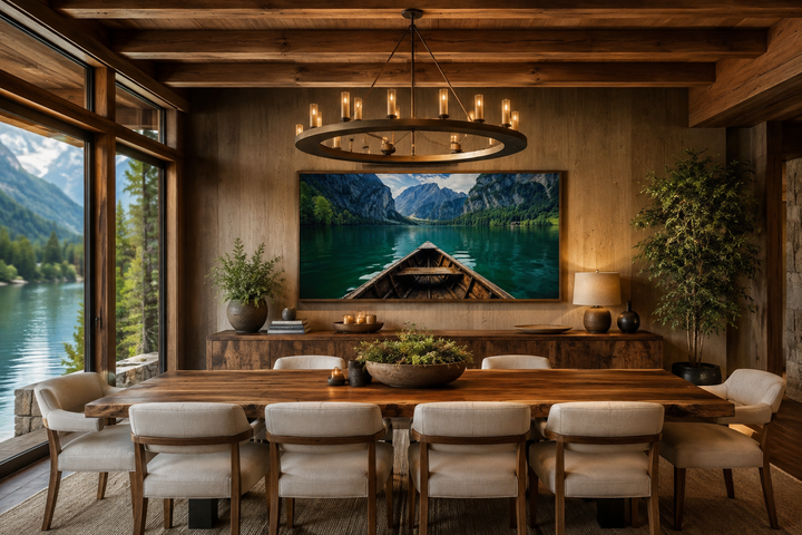 Framed canvas art of a wooden boat on an emerald green lake in a rustic wood-paneled dining room.