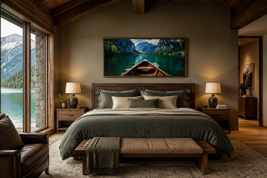 Wooden boat on an emerald green lake canvas art hanging above a bed in a rustic bedroom.