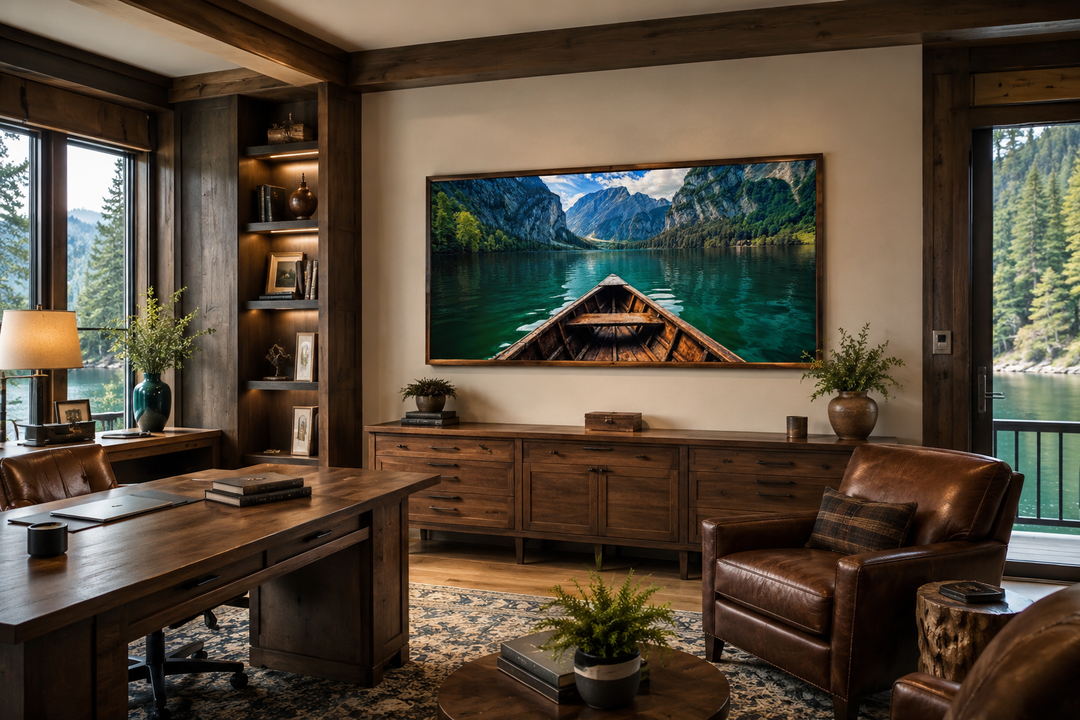 Framed canvas art of a wooden boat on an emerald green lake in a rustic home office setting.
