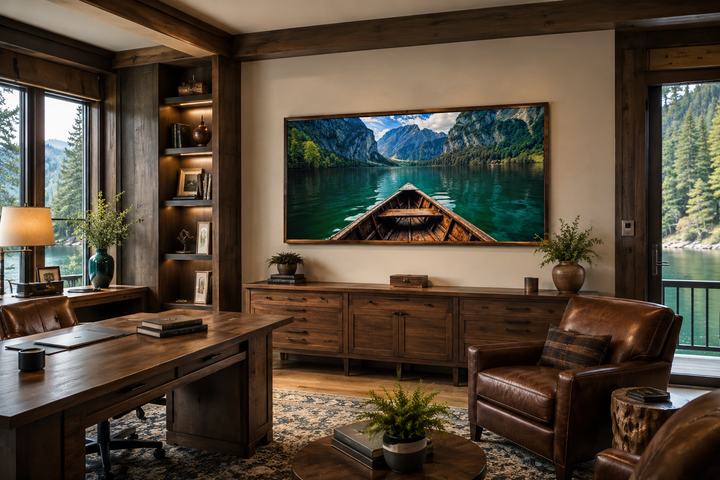 Framed canvas art of a wooden boat on an emerald green lake in a rustic home office setting.