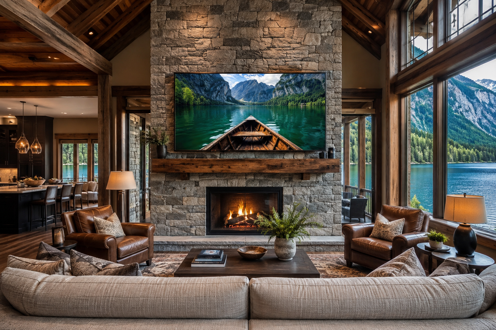Framed canvas art of a wooden boat on an emerald green lake mounted above a stone fireplace.
