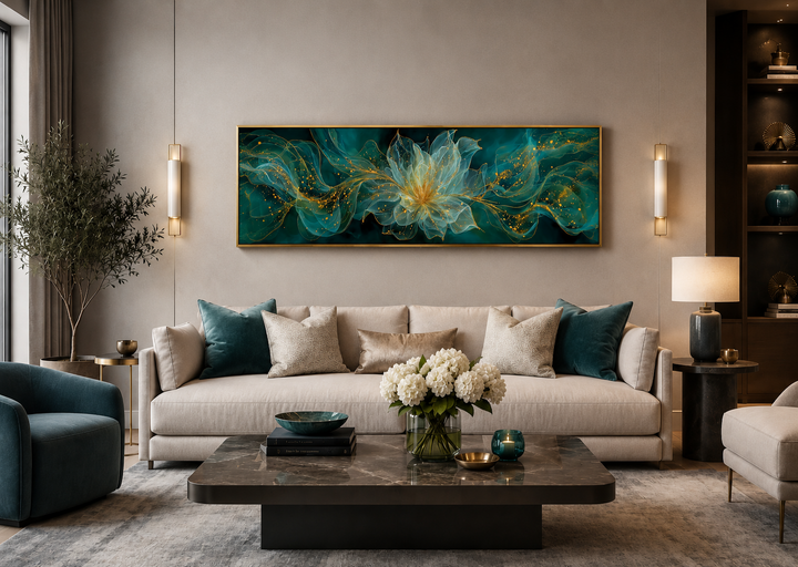 Emerald green minimalist flower long horizontal wall art framed above a sofa in a living room.