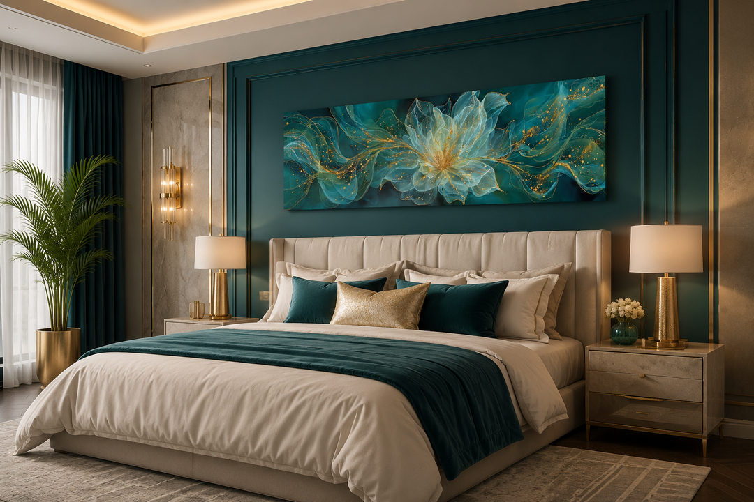 Emerald green horizontal canvas wall art with a minimalist gold and teal floral design over a bed.