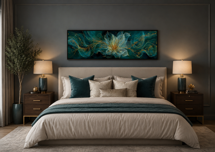 Emerald green minimalist flower long horizontal wall art framed above a bed in a modern bedroom.