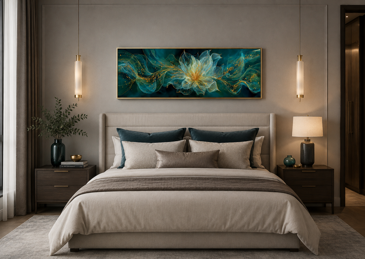 Emerald green and gold minimalist flower horizontal canvas art framed above a bed in a bedroom.