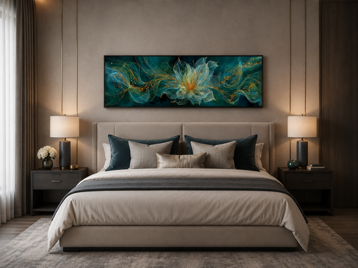 Emerald green minimalist flower long horizontal canvas wall art framed above a bed.