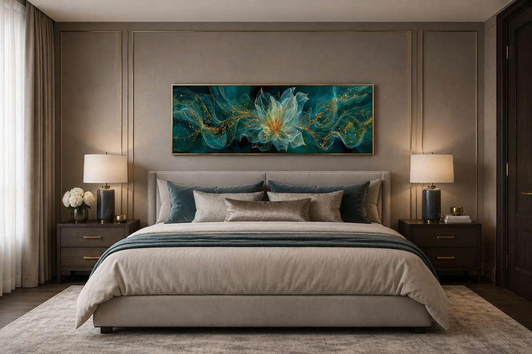 Emerald green horizontal wall art with a minimalist flower design above a bed in a modern bedroom.