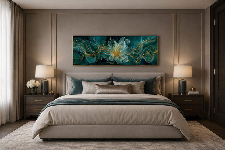 Emerald green horizontal wall art with a minimalist flower design above a bed in a modern bedroom.