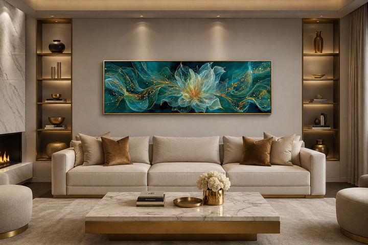 Emerald green horizontal wall art with a minimalist flower design above a modern sofa.