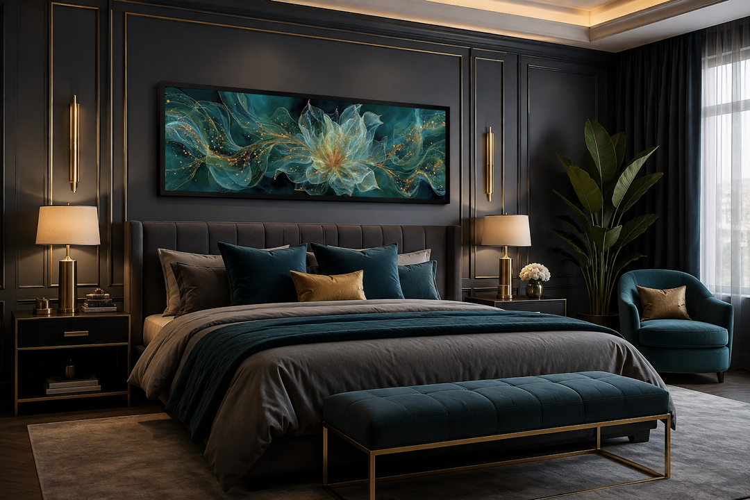 Emerald green minimalist flower horizontal canvas print framed above a bed in a dark bedroom.