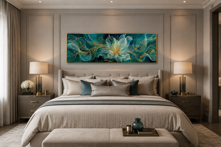 Emerald green and gold minimalist flower horizontal canvas art hanging above a bed in a bedroom.