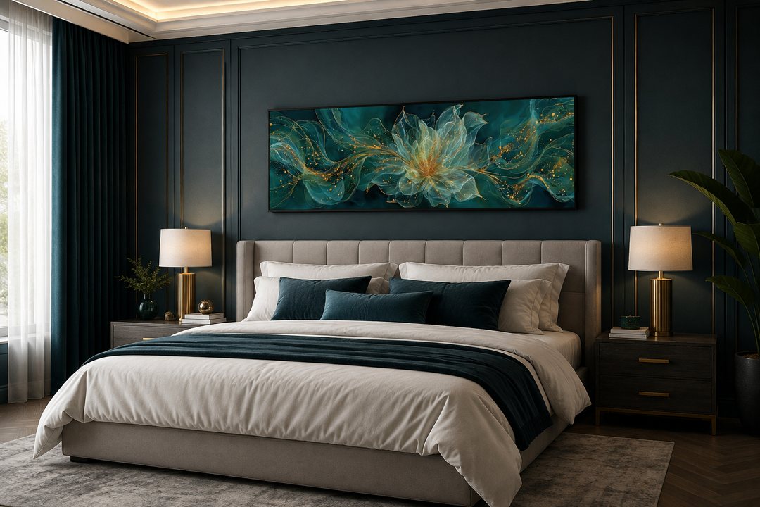 Emerald green minimalist flower long horizontal canvas wall art framed above a bed.