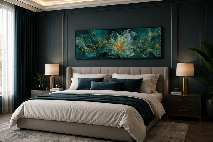 Emerald green minimalist flower long horizontal canvas wall art framed above a bed.