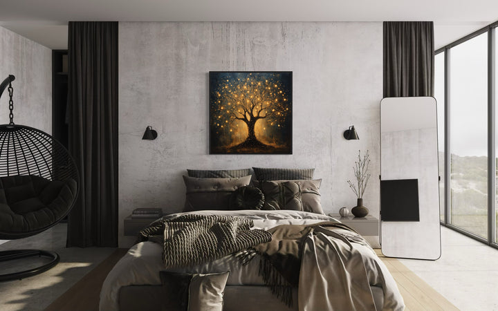 Enchanted Black Gold Tree With Magical Lights Framed Canvas Wall Art