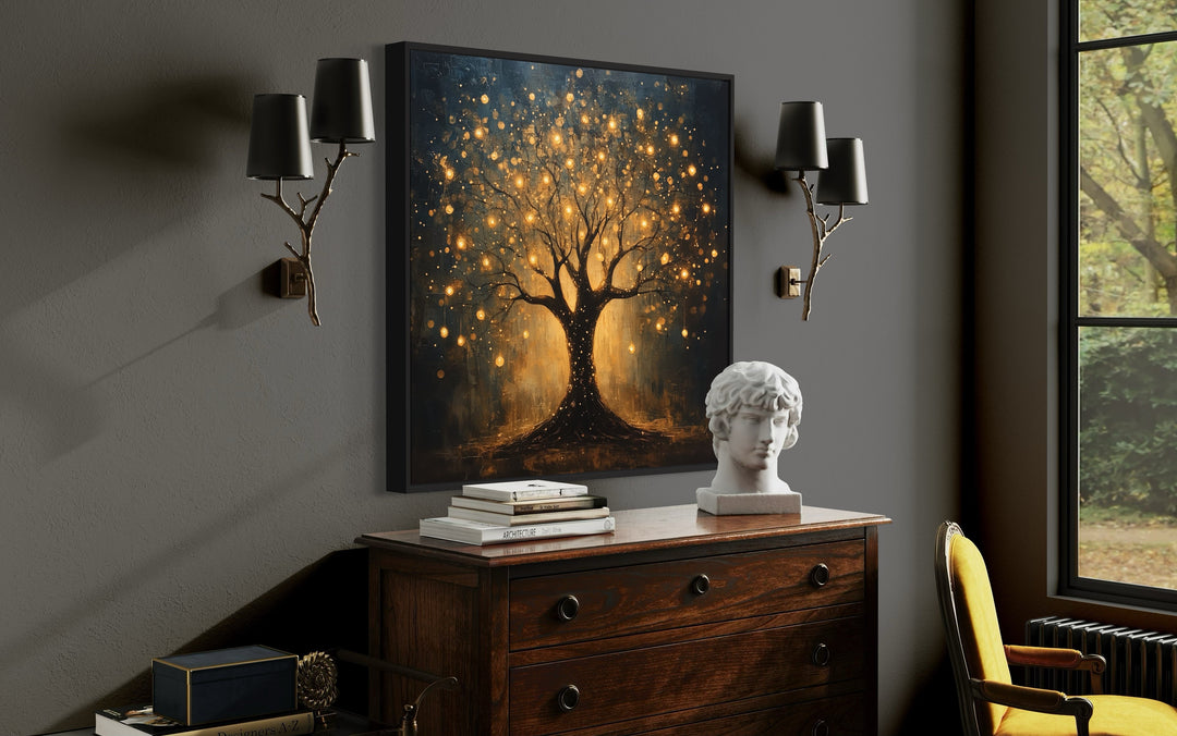 Enchanted Black Gold Tree With Magical Lights Framed Canvas Wall Art