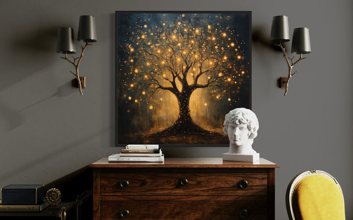 Enchanted Black Gold Tree With Magical Lights Framed Canvas Wall Art