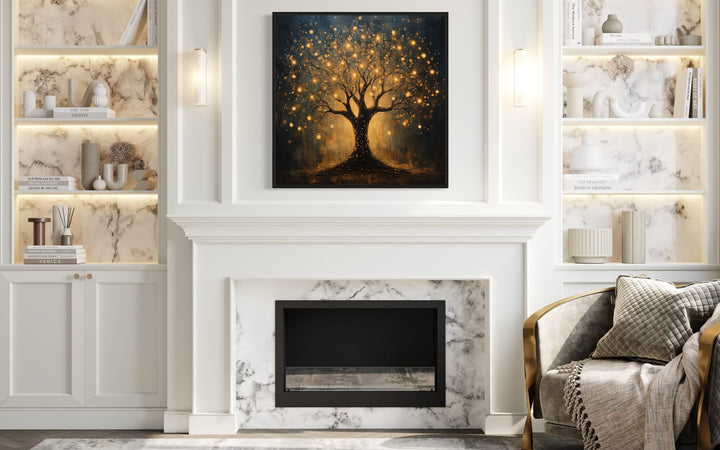 Enchanted Black Gold Tree With Magical Lights Framed Canvas Wall Art