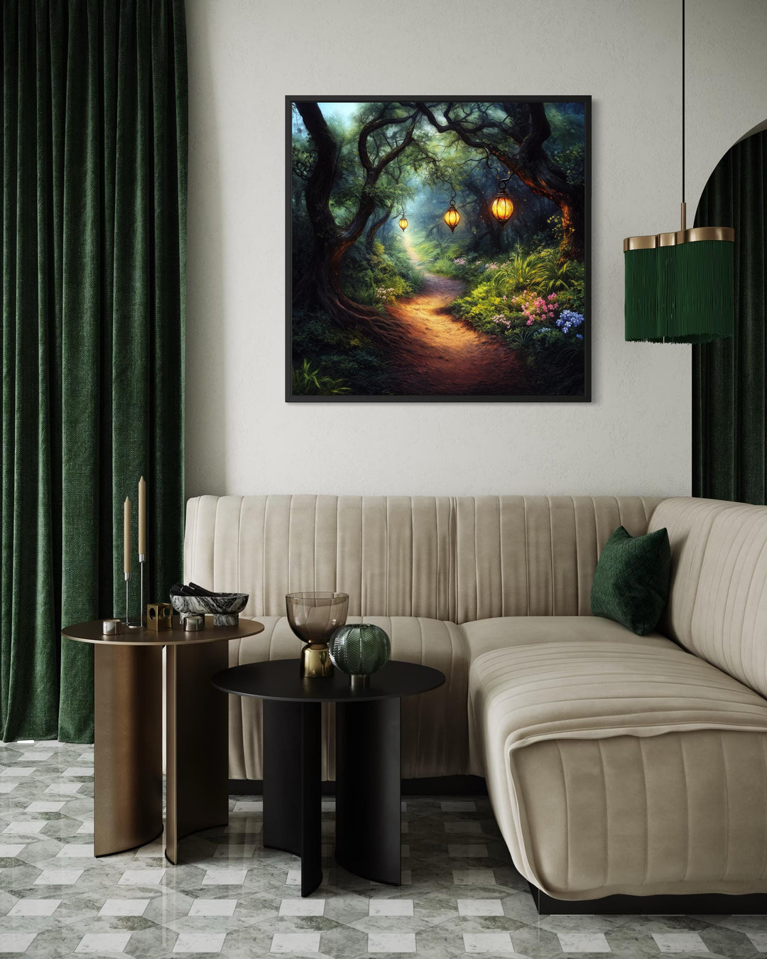 Enchanted forest wall art featuring a glowing lantern path in a dark, magical woodland setting.