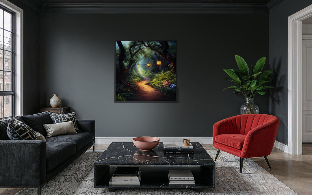 Enchanted forest wall art featuring a glowing lantern path in a dark, moody living room setting.