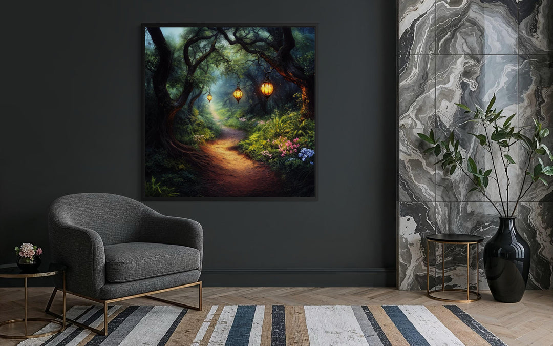 Enchanted forest wall art featuring a glowing lantern path in a dark, moody living room setting.