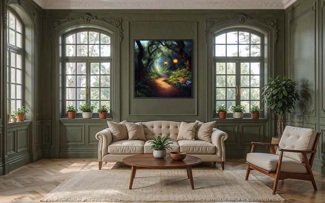 Enchanted forest fantasy painting with glowing lanterns on a path, framed on a green paneled wall.