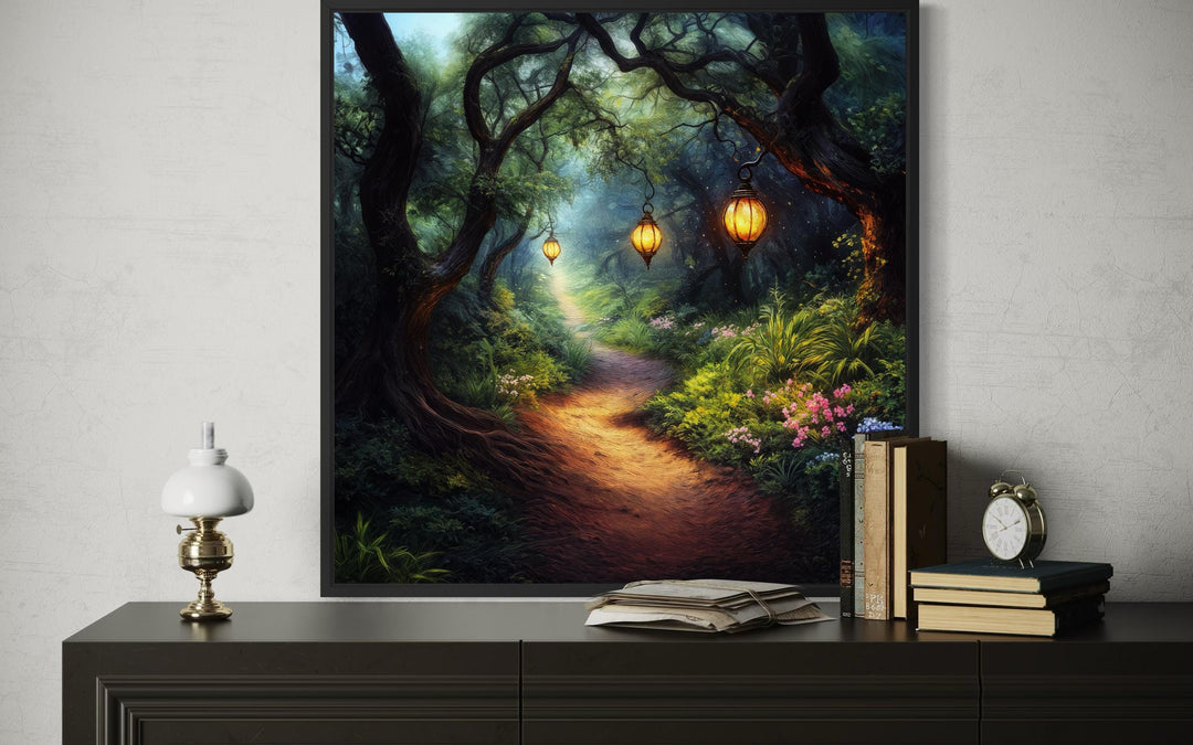 Enchanted forest wall art featuring glowing lanterns along a magical woodland path.