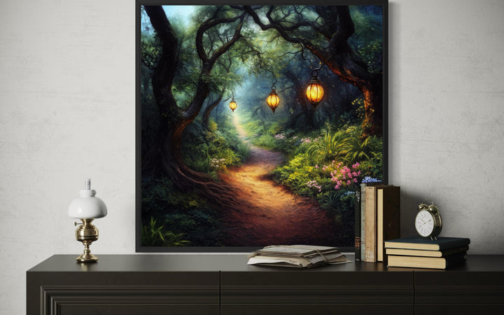 Enchanted forest wall art featuring glowing lanterns along a magical woodland path.