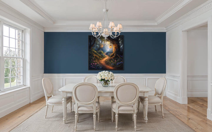 Enchanted forest canvas wall art featuring a magical woodland path in a classic dining room.