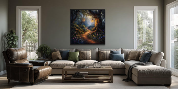 Enchanted forest canvas wall art featuring a glowing woodland path in a modern living room.