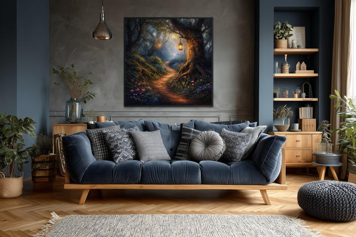 Enchanted forest wall art featuring a magical woodland path on canvas in a modern living room.