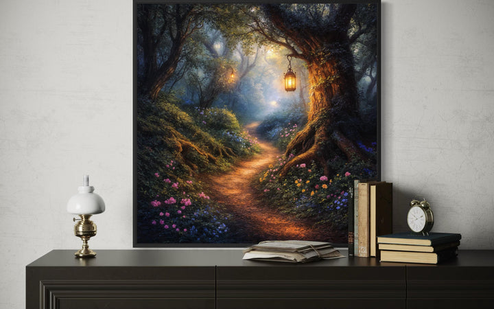 Enchanted forest canvas wall art featuring a glowing woodland path and a lantern hanging from a tree.
