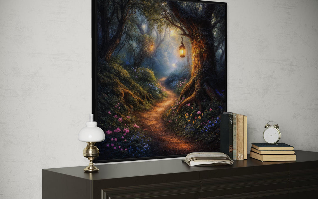 Enchanted forest canvas wall art featuring a glowing woodland path and magical lanterns.