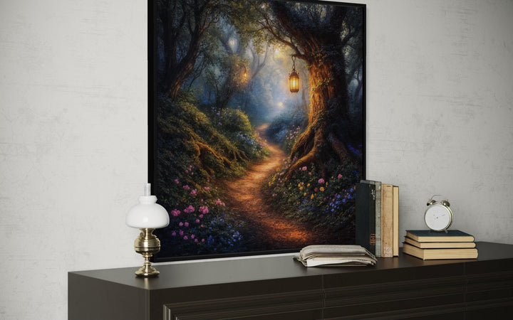 Enchanted forest canvas wall art featuring a glowing woodland path and magical lanterns.